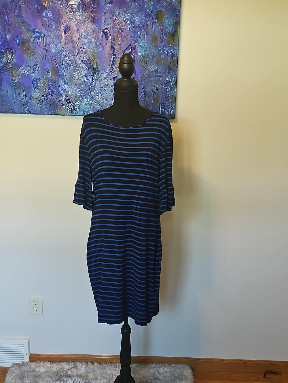 Striped Navy and Black Midi Dress with Ruffle Sleeves
